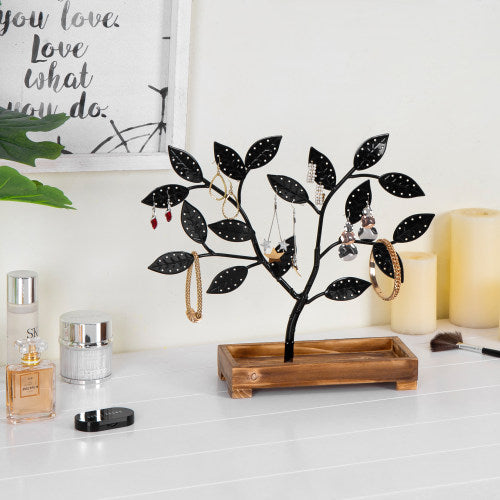 Black Metal Jewelry Tree with Wooden Trinket Tray-MyGift