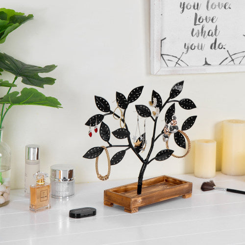 Black Metal Jewelry Tree with Wooden Trinket Tray-MyGift