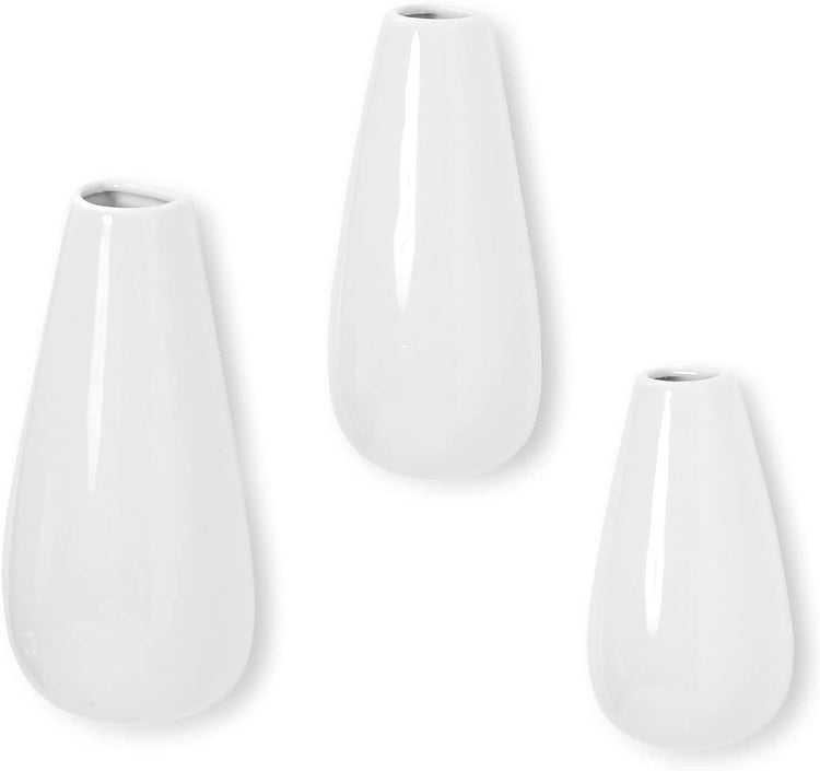 Set of 3, White Ceramic Oval Teardrop Shaped Wall Mounted Flower Vases Plant Holders-MyGift