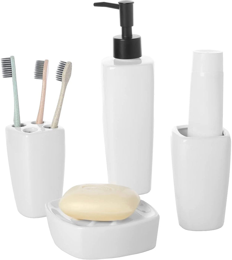 White Ceramic Square Bathroom Accessory Set with Black Accent Pump Dispenser, Toothbrush Holder, Tumbler, Soap Dish-MyGift