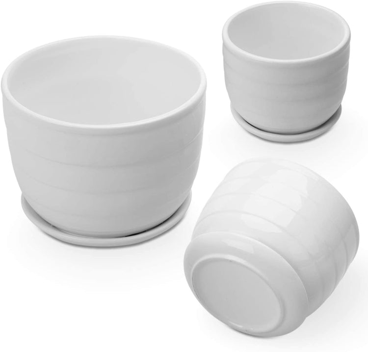 White Glazed Round Sauce MyGift Planters Nesting with – Ceramic Attached RIbbed