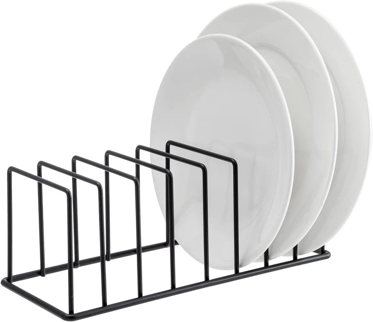 MyGift 14 Slot Modern Matte Black Coated Metal Wire Dish Storage Organizer  - Flat Dinner Plates Rack Display for Kitchen Counters and Cabinets