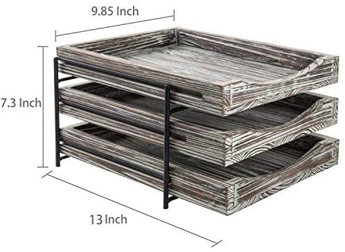 3-Tier Torched Wood and Black Metal Document Organizer with Sliding Trays-MyGift