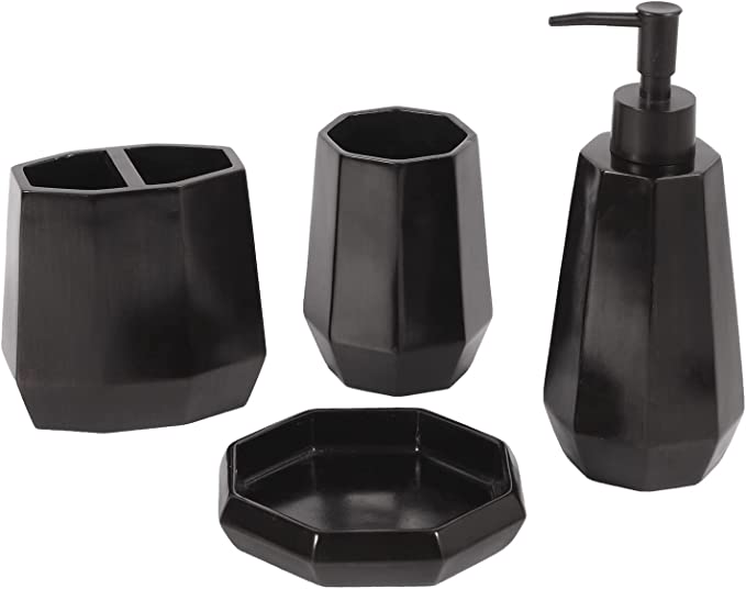 MyGift Modern Black Textured Bathroom Accessories, 4 Piece Set