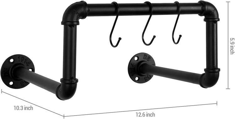 Industrial Design Black Metal Pipe Skateboard, Longboard Wall Mounted Storage Display Rack with 3 Hanging S-Hooks-MyGift