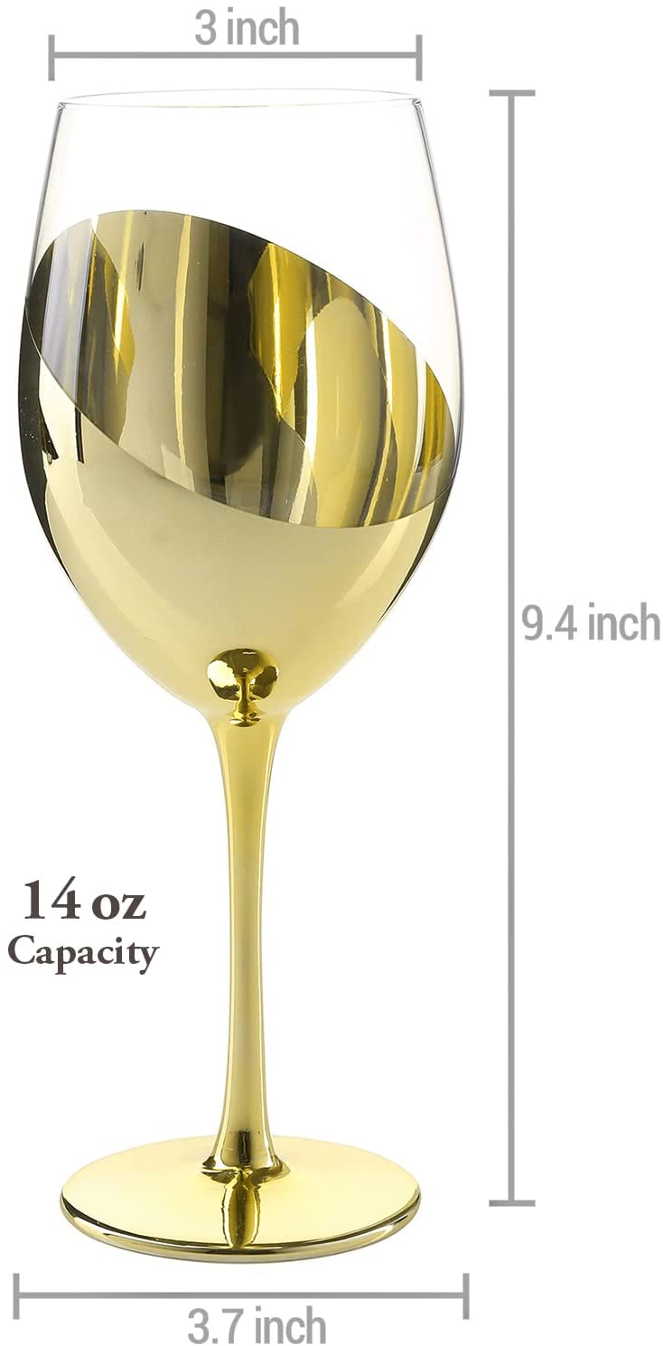 Set of 4, 14 oz Modern Tilted Design Brass Stemmed Wine Glasses-MyGift