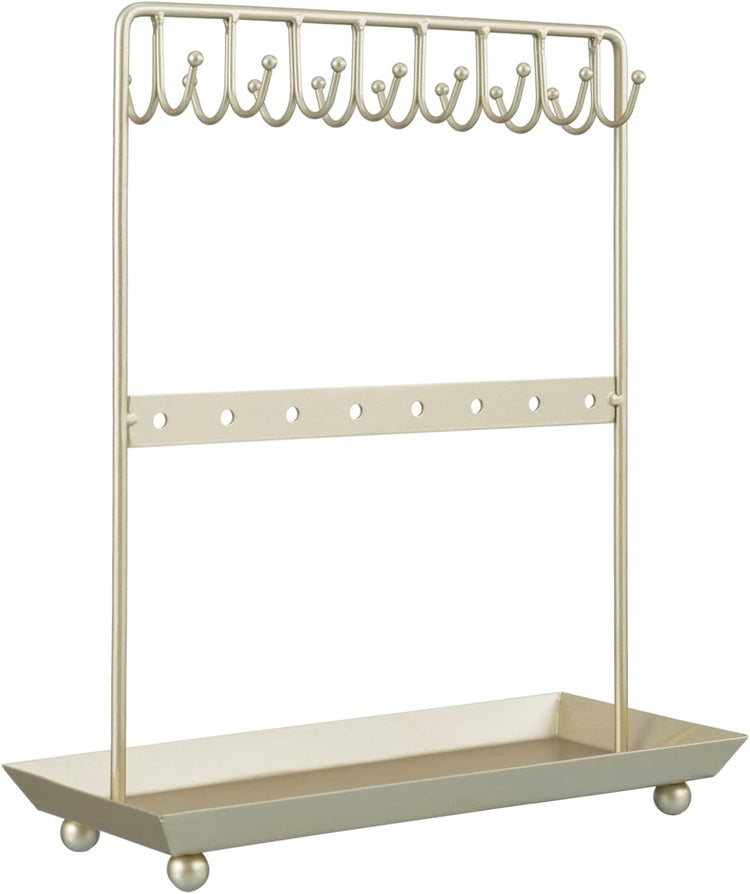 Brass Tone Metal Jewelry Organizer Stand, Hooks for Hanging Necklaces or Bracelets, Earring Hanger Rail, Ring Tray Base-MyGift