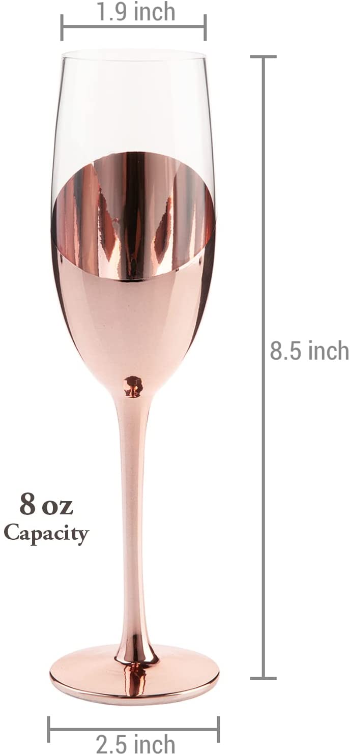 Set of 6, Stemmed Champagne Flute Glasses in Rose Gold-Tone Finish-MyGift