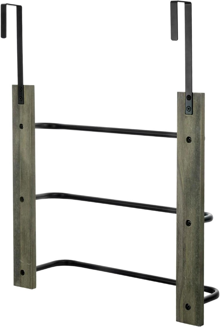 Over the Door Towel Rack in Gray Wood and Tiered Matte Black Metal Bars, Space Saving Storage Drying Towel Hanger-MyGift