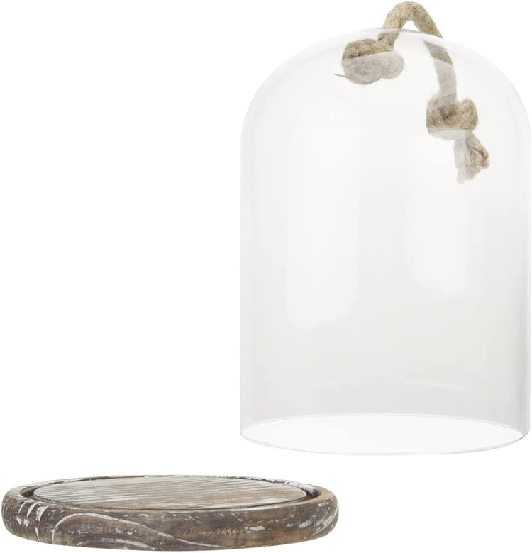 Clear Glass Dome Jar Plant Terrarium Cover, Centerpiece Case with Torched Wood Base and Rope Handle-MyGift