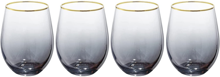 Deluxe Translucent Smoked Gray Stemless Wine Glasses with Brass-tone Rim, Party Set of 4