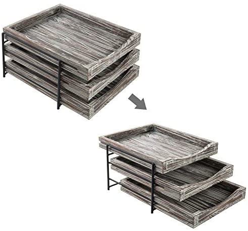 3-Tier Torched Wood and Black Metal Document Organizer with Sliding Trays-MyGift