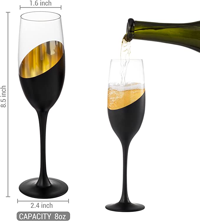 Set of 6 Stemmed Champagne Flute Glasses with Matte Black and Gold Plated Design, 8 oz-MyGift