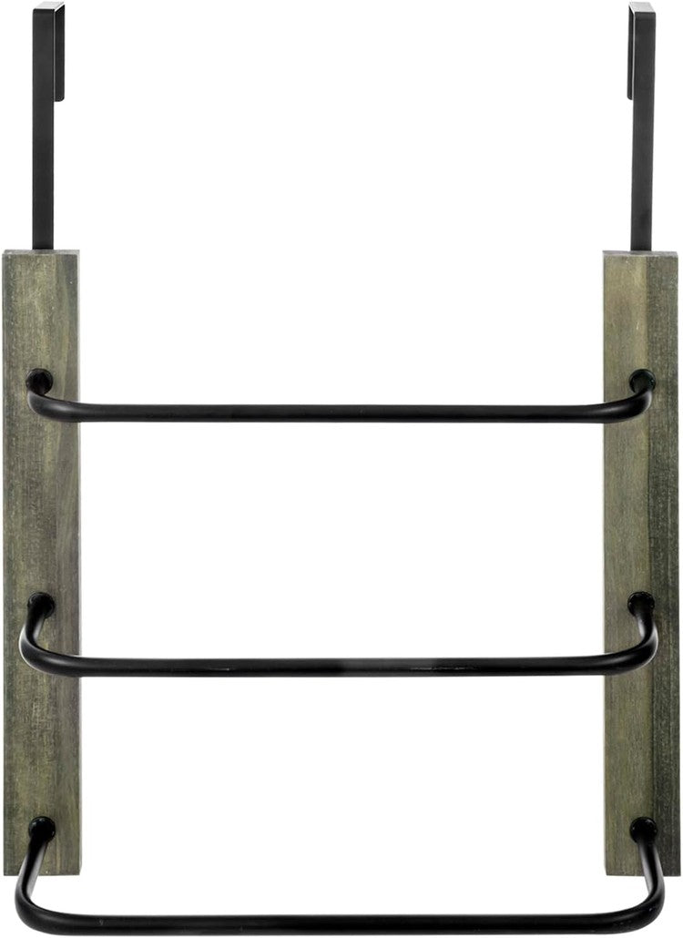 Over the Door Towel Rack in Gray Wood and Tiered Matte Black Metal Bars, Space Saving Storage Drying Towel Hanger-MyGift