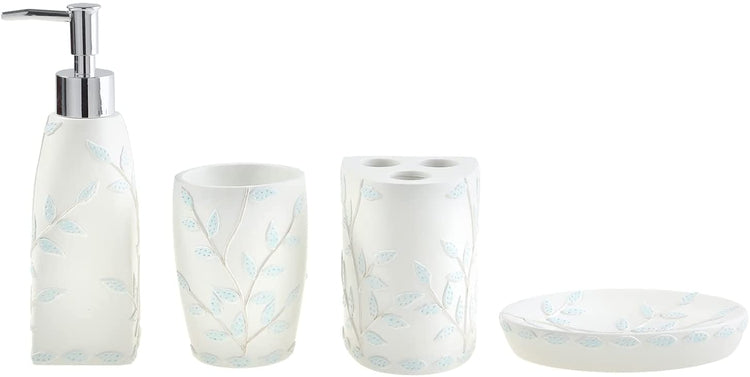 White 4-Piece Bathroom Accessory Set, Embossed Powder Blue Leaf and Br –  MyGift