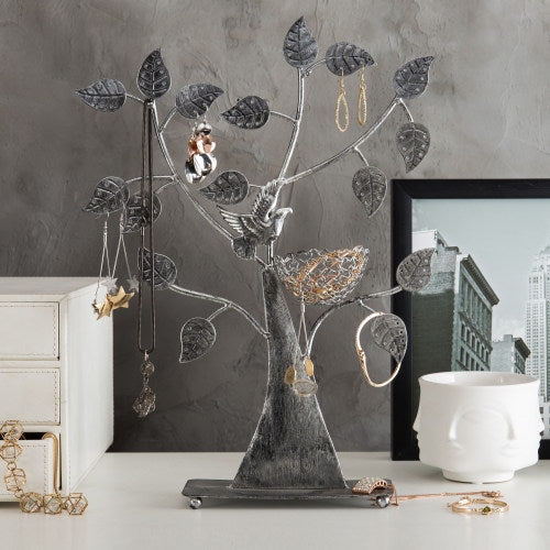 Silver Metal Tabletop Jewelry Tree with Bird Nest-MyGift