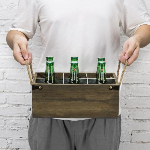 6-Slot Barnwood & Galvanized Metal Wine/Beer Bottle Crate with Handles