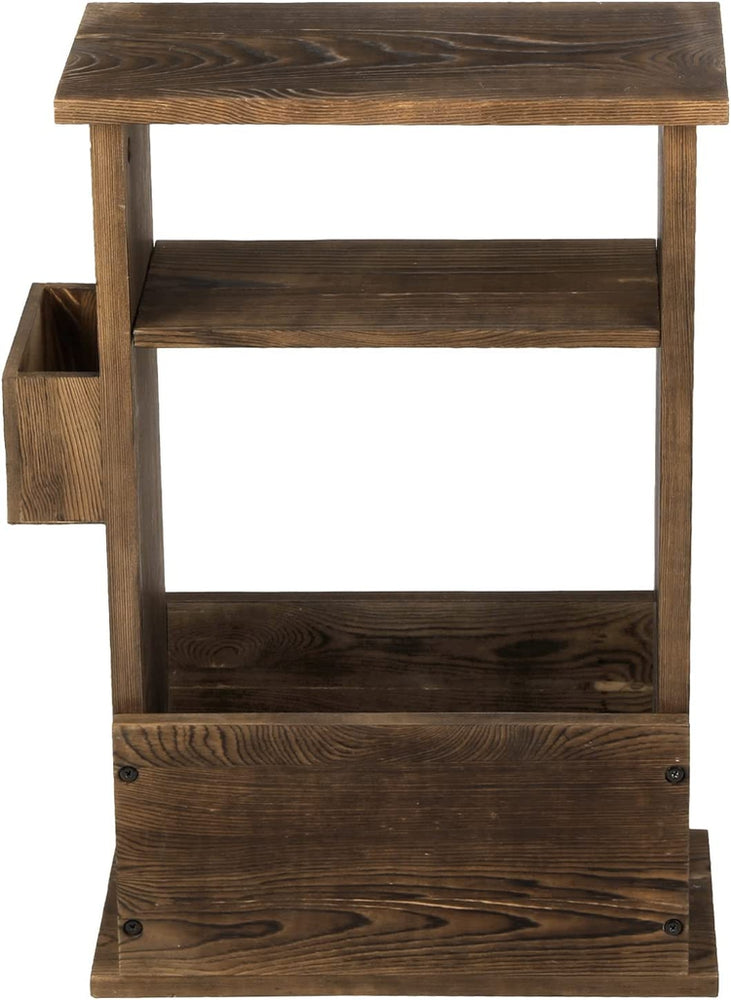 Burnt Wood End Table with Magazine Holder, Storage Display Shelf and Remote Control Holder Rack-MyGift