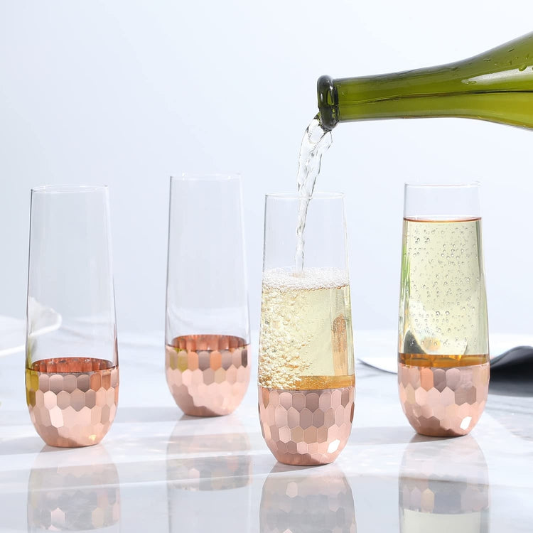 Set of 4, Stemless Champagne Flute Party Glasses with Hammered Style Copper Plated Bottoms-MyGift