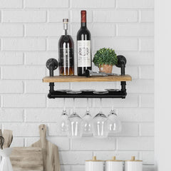 MyGift Wall Mounted Rustic Burnt Solid Wood Wine Glass Holder with Top Display Shelf, Wine Bottle Display Shelf with Black Metal Stemware Hanging