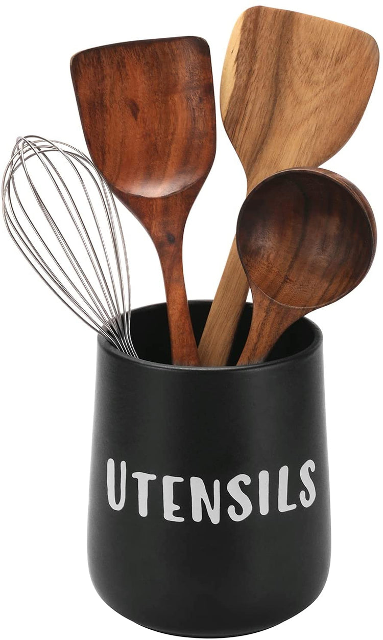 Matte Black Ceramic Kitchen Cooking Utensil Holder, Kitchen Crock with White UTENSILS Stenciled Print-MyGift