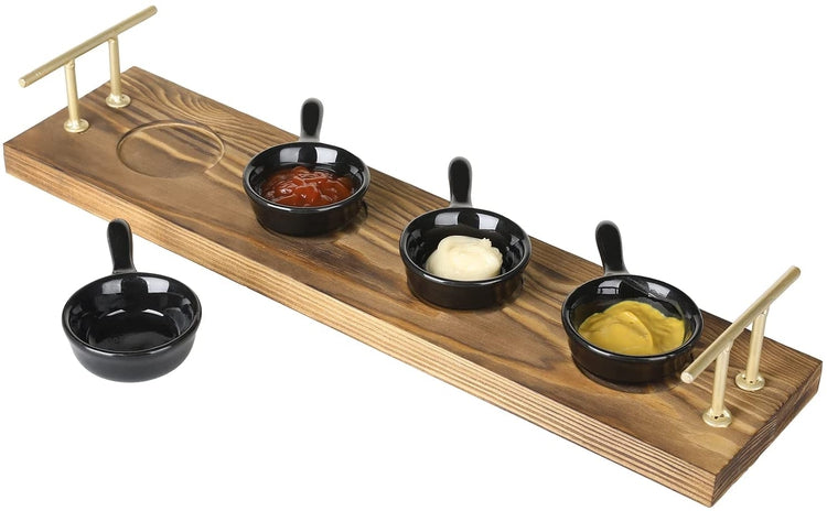 Burnt Wood Serving Tray with Brass Tone Handles and 4 Mini Black Ceram –  MyGift