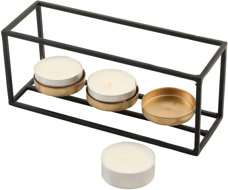 Candle Holder Centerpiece with Black Wire Rectangular Frame and Gold Bases for 3 Pillar or Tealight Candles-MyGift