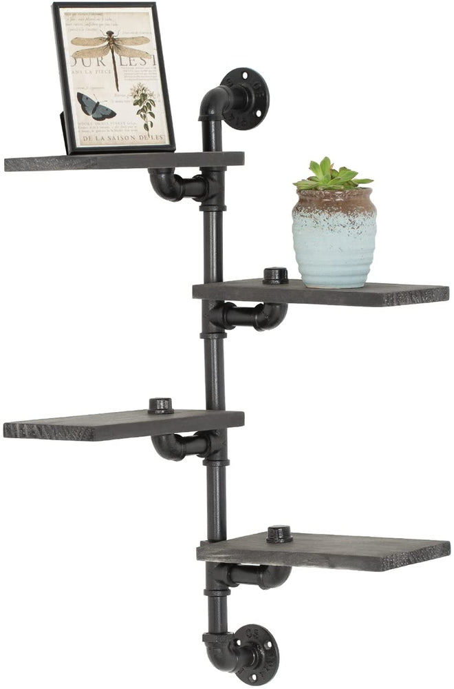 4-Tier Weathered Gray Wood Corner Floating Shelf with Industrial Metal Pipe, Wall Mounted Display Rack-MyGift