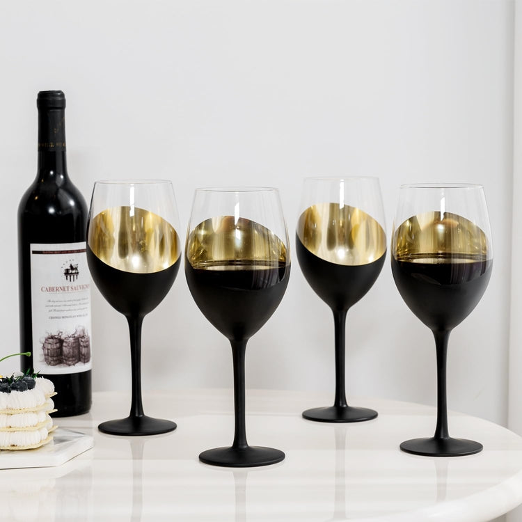 Matte Black and Gold Stemmed Wine Glasses, Elegant Angled Design Wine Glasses, Set of 6-MyGift