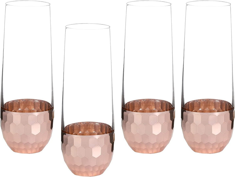 Set of 4, Stemless Champagne Flute Party Glasses with Hammered Style Copper Plated Bottoms-MyGift