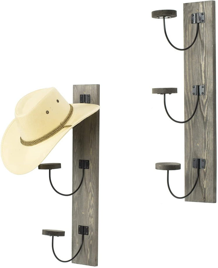 Wall Mounted Hat Rack, Gray Wood and Black Metal Wire Vertical Hat