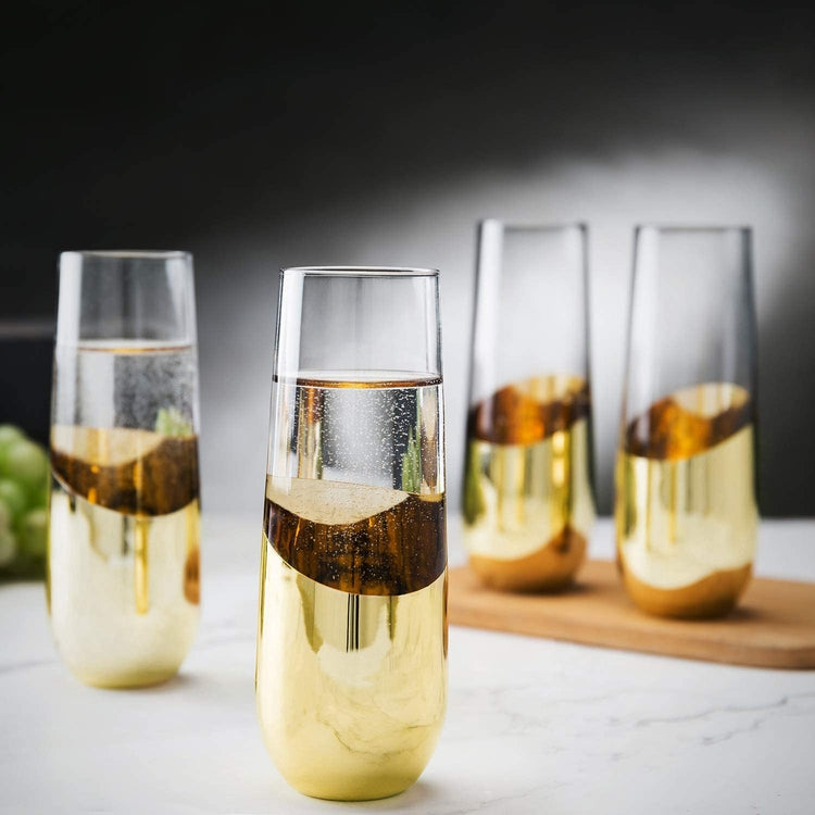 MyGift Modern Stemless Wine Glasses with Hammered Brass Metal