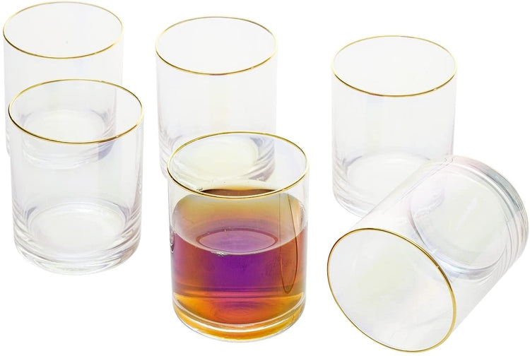 15 oz Iridescent Lowball, Old Fashioned Rocks Glasses with Gold Rim, Set of  6