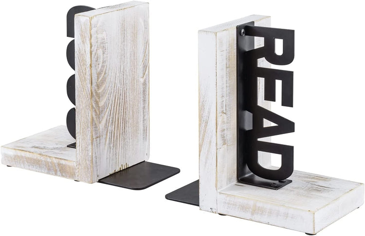 L-Shaped Decorative Bookends, Whitewashed Wood and Matte Black Metal Book Holders with GOOD and READ Block Letter Design-MyGift