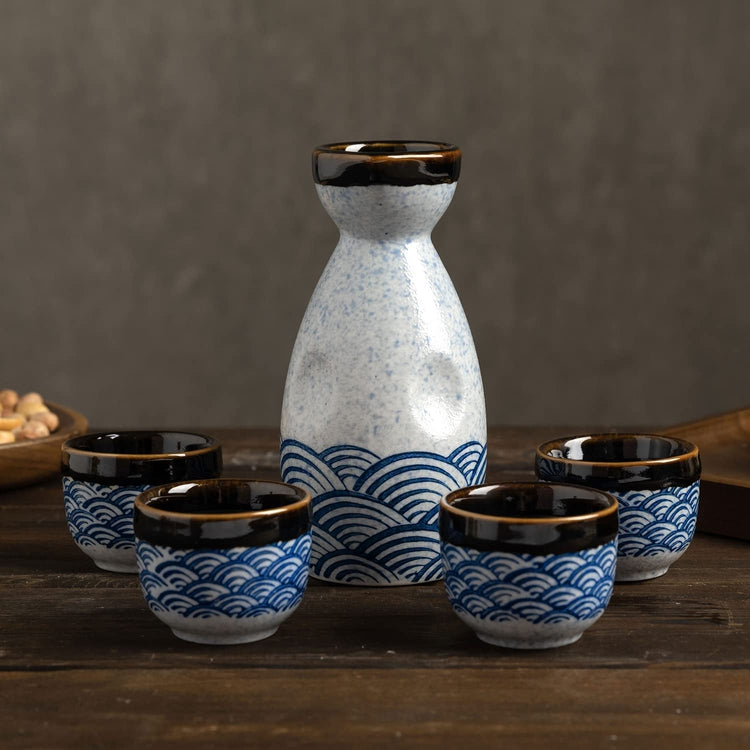 Japanese Glazed Ceramic Sake Set with Oriental Style Blue Ocean Waves Design Includes Serving Carafe and 4 Sake Cups-MyGift