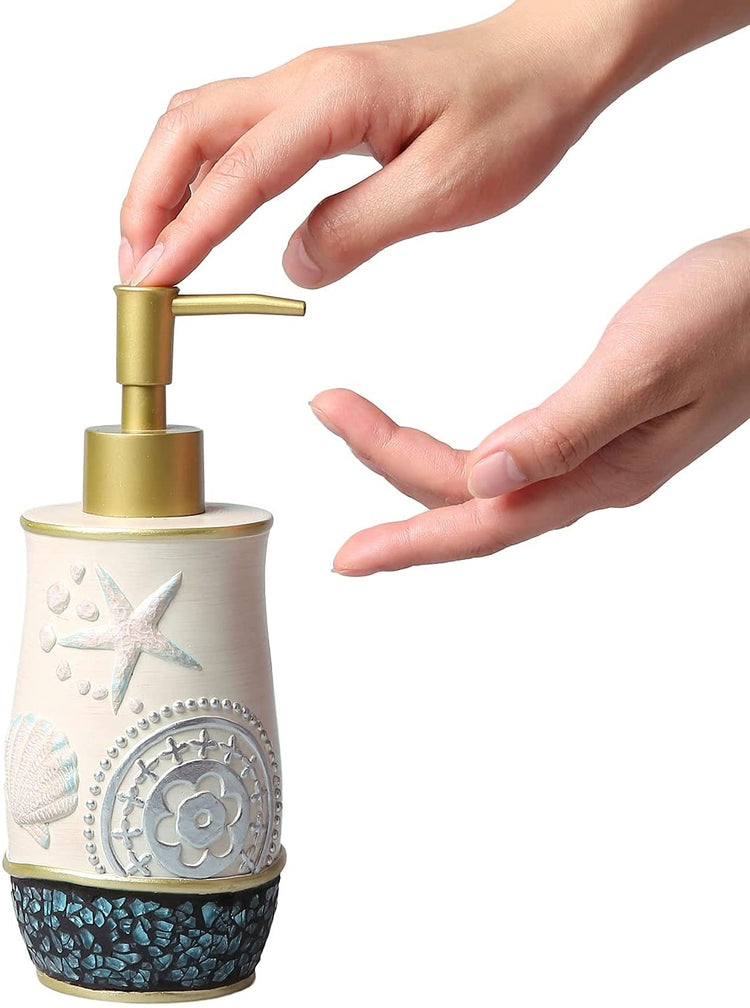 Coastal Style 4 Piece Bathroom Accessories Set with Embossed Seashell Starfish Design-MyGift