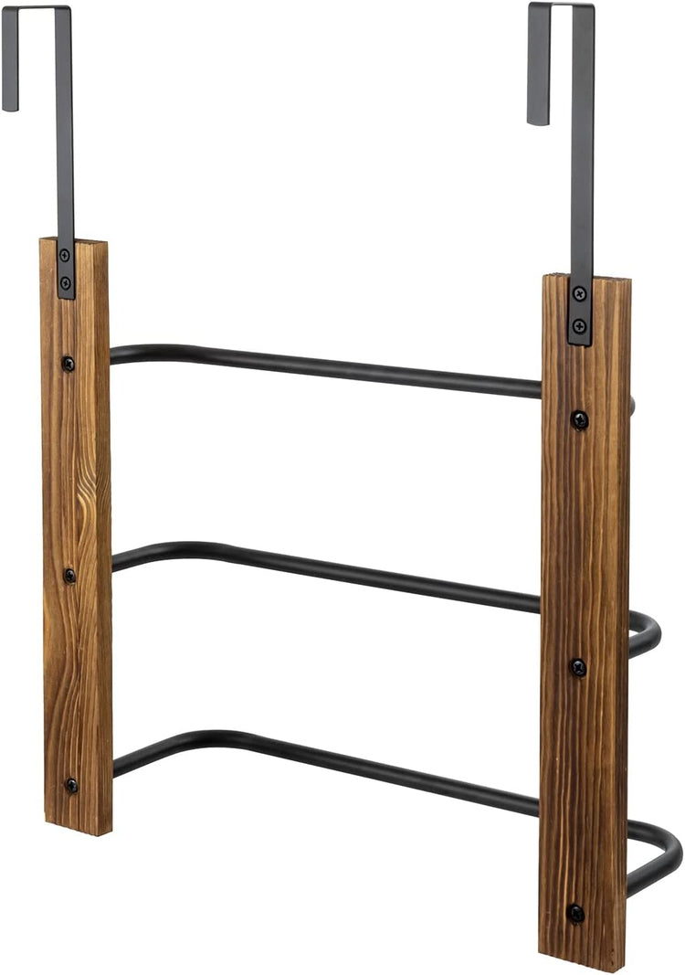 3 Tier Hanging Towel Bar, Bathroom Wood and Matte Black Metal Over The Door Towel Rack-MyGift