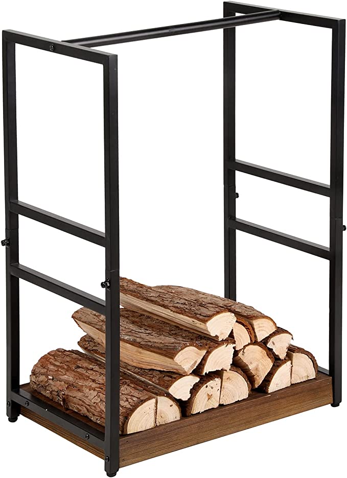 Burnt Brown Wood Base and Black Metal Design Firewood Rack, Freestanding Fire Log Pile Holder-MyGift