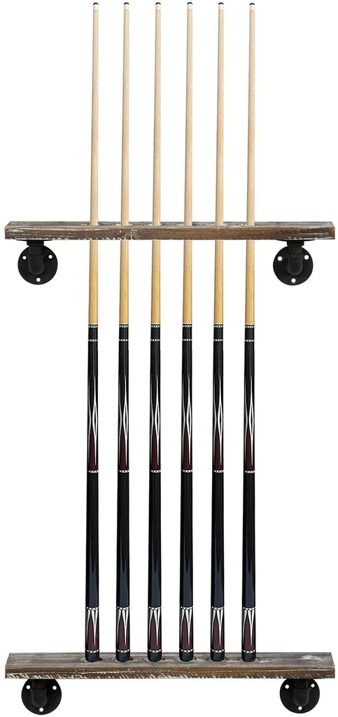 6-Cue Torched Wood & Industrial Metal Pipe Wall Mounted Billiards / Po ...