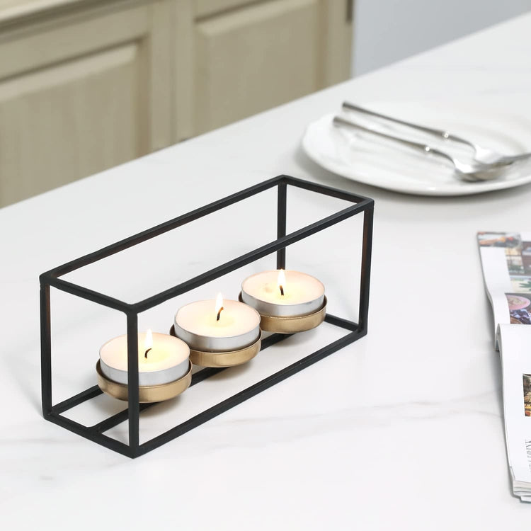 Candle Holder Centerpiece with Black Wire Rectangular Frame and Gold Bases for 3 Pillar or Tealight Candles-MyGift