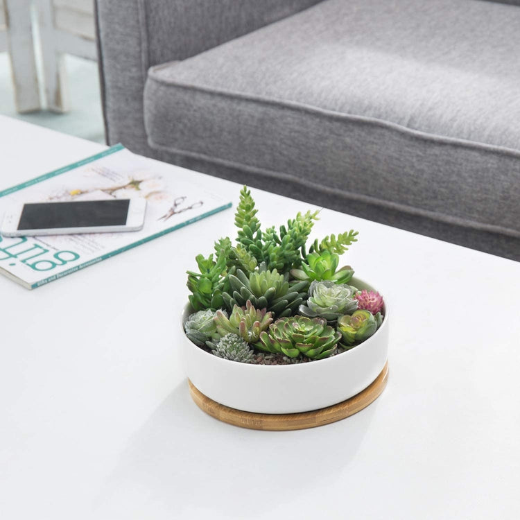 MyGift Modern Small Indoor Plant Pot with Drainage Hole, 6 inch White and Gray Ceramic Marbled Succulent Planter with Removable Gold Tray