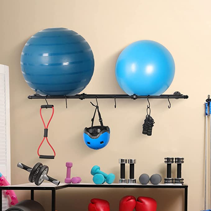 Wall Mounted Industrial Matte Black Metal Exercise Yoga Ball Storage Rack with 6 S-Hooks-MyGift