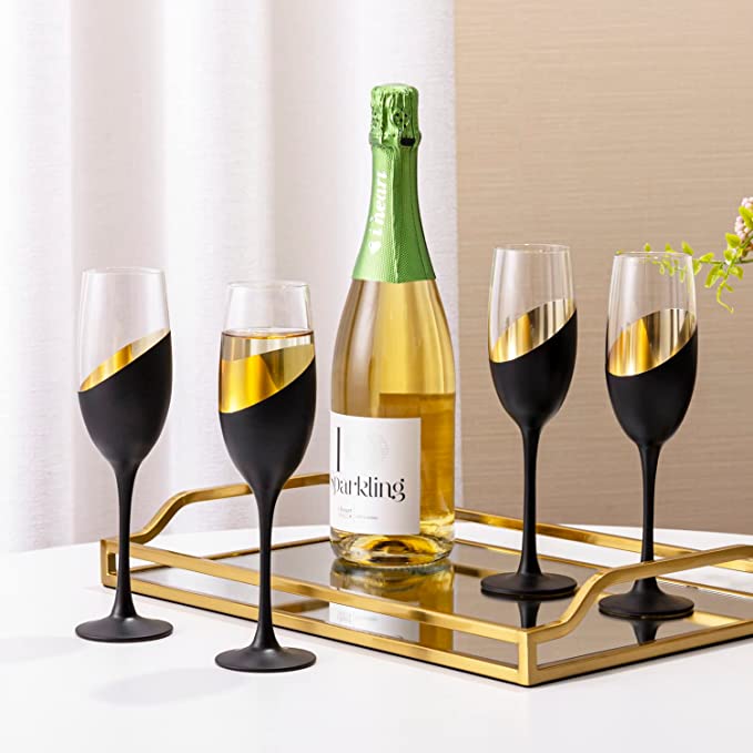 Set of 6 Stemmed Champagne Flute Glasses with Matte Black and Gold Plated Design, 8 oz-MyGift