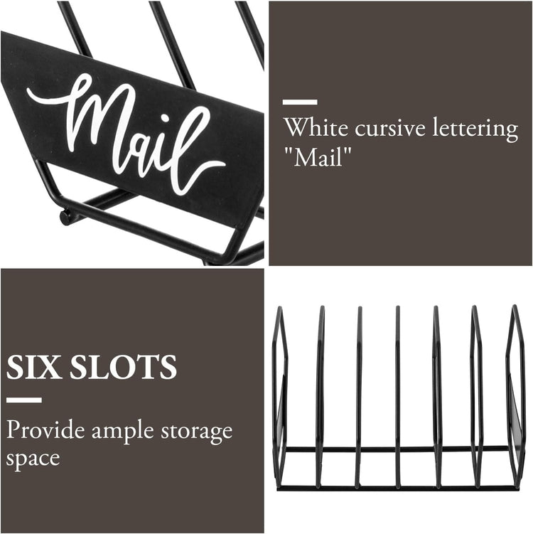 Black 2-Slot Metal Wire & Burnt Wood Tabletop Mail Sorter Rack