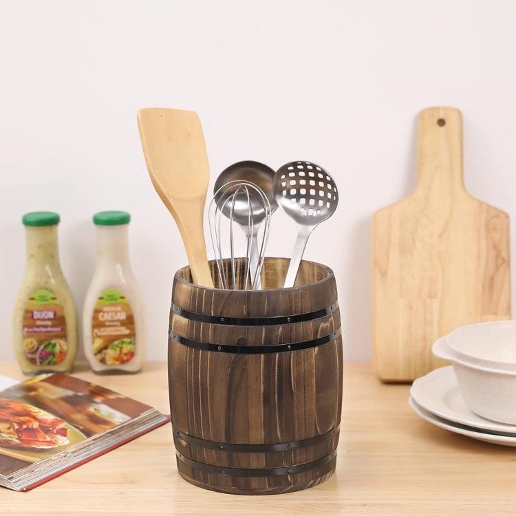 Wine Barrel Design Kitchen Utensil Crock, Vintage Rustic Burnt Wood Cooking Tool Holder-MyGift