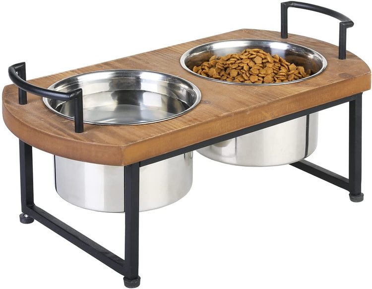 2-Cup Wood Pet Feeder Station with Stainless Steel Bowl in Coffee