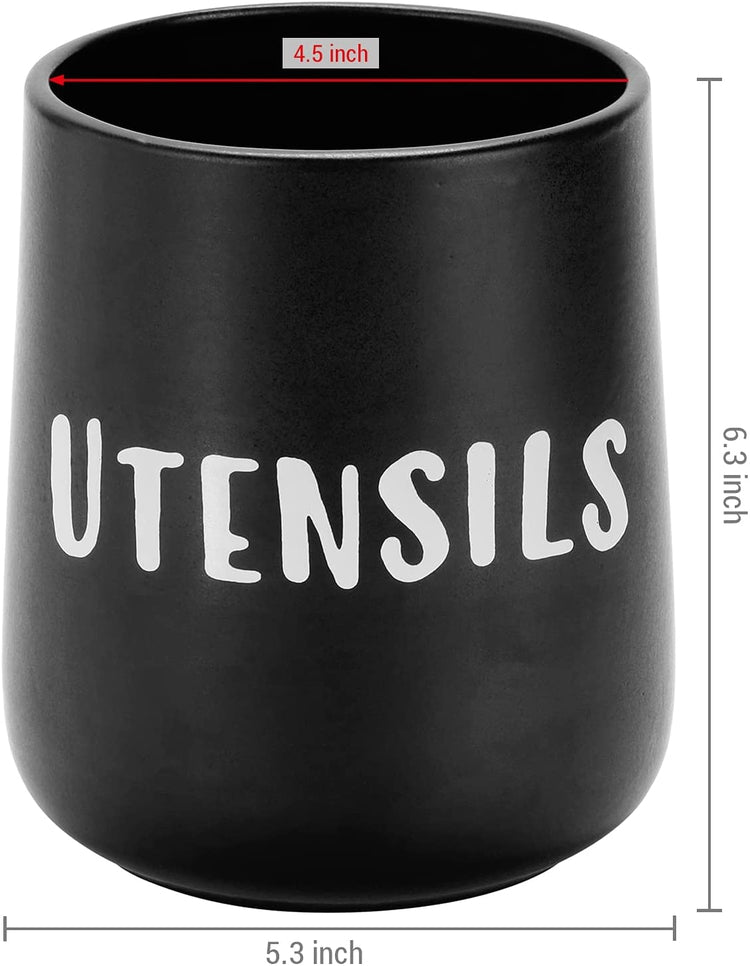 Matte Black Ceramic Kitchen Cooking Utensil Holder, Kitchen Crock with White UTENSILS Stenciled Print-MyGift