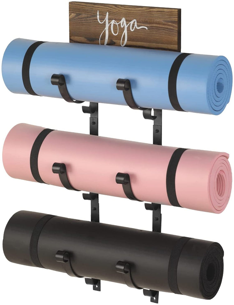 Wall Mounted Black Metal 3-Tier Yoga Mat Rack, Exercise Mat, Foam Roller Holder with Burnt Wood "yoga" Sign-MyGift