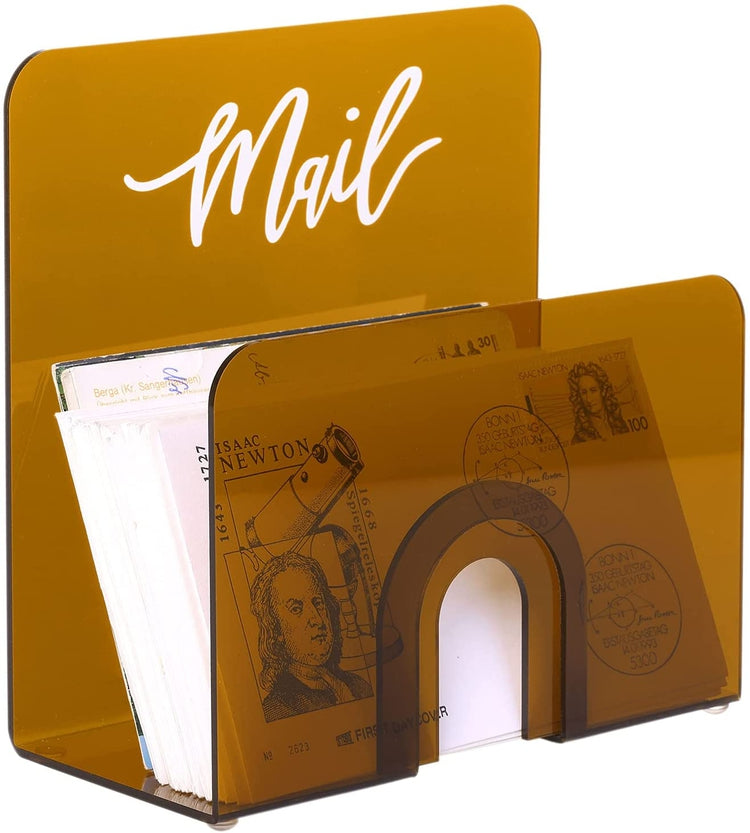 Tabletop Amber Tinted Acrylic Mail Holder Sorter, Desk Organizer with Decorative White Cursive MAIL Lettering-MyGift