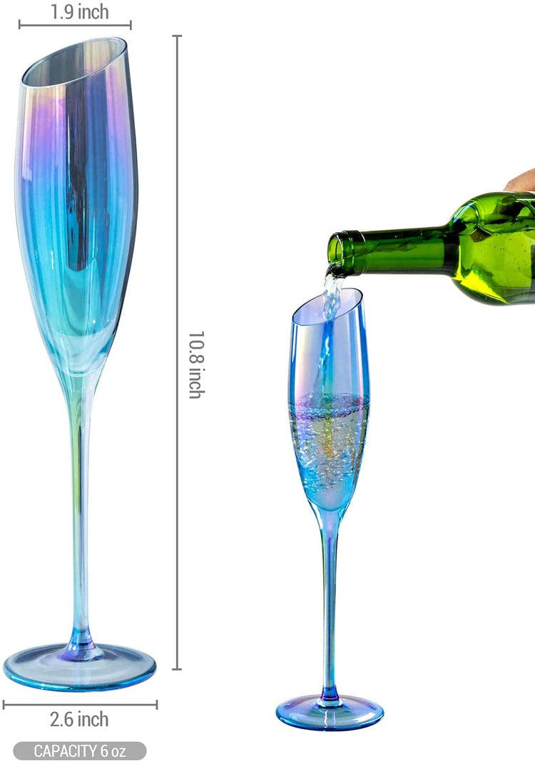 Set of 4, Blue Iridescent Champagne Glasses, Angled Stemmed Flute Glassware-MyGift